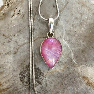 Sterling Silver 925 Pink Moonstone Cabochon Teardrop Pendant Necklace 18" Chain